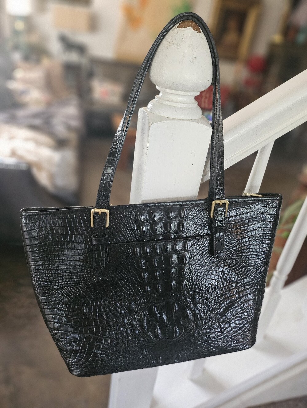 Brahmin Asher Tote Black Croc-Embossed Tote Bag with Gold Hardware - Picture 5 of 12